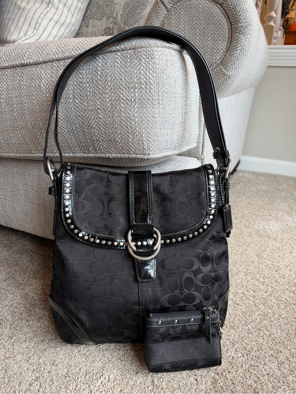 Coach 2008 Metallic Signature Studded Shoulder Bag + Matching Mini Skinny